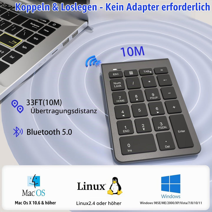 Bluetooth Nummernblock, Kabelloser Ziffernblock mit 22 Tasten（inkl-11 Multifunktionstasten） Leiser N