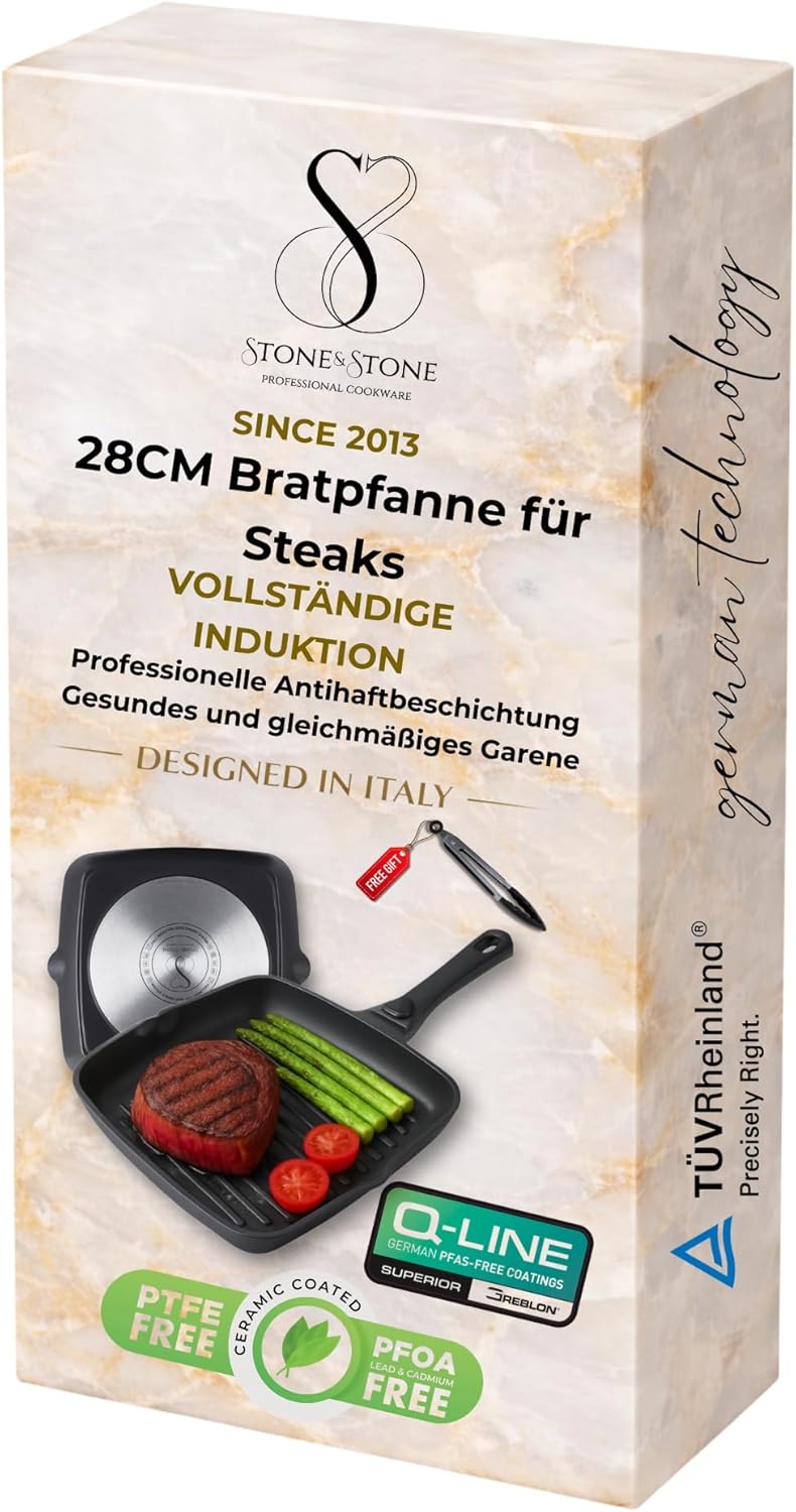 Stone&Stone Quadratische Grillpfanne 28x28 cm | Profi Bistecchiera | Deutsche Antihaftbeschichtung G