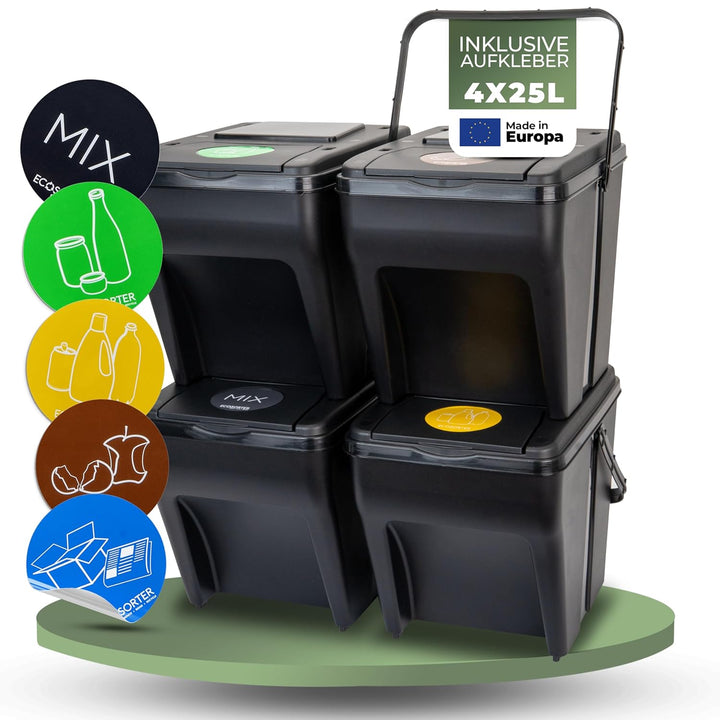 Novaliv Mülltrennsystem Set - 4x 25L Mülleimer Trennsystem - Mülleimer 4 Fächer - Mülltrennsysteme s