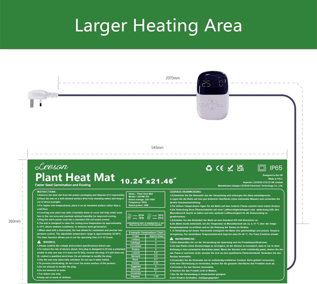 Heizmatte für Aussaat, 30 W, wasserdicht 26 × 54,5 cm, 15–60 °C mit Thermostat und Timer 0–12 h, Hei