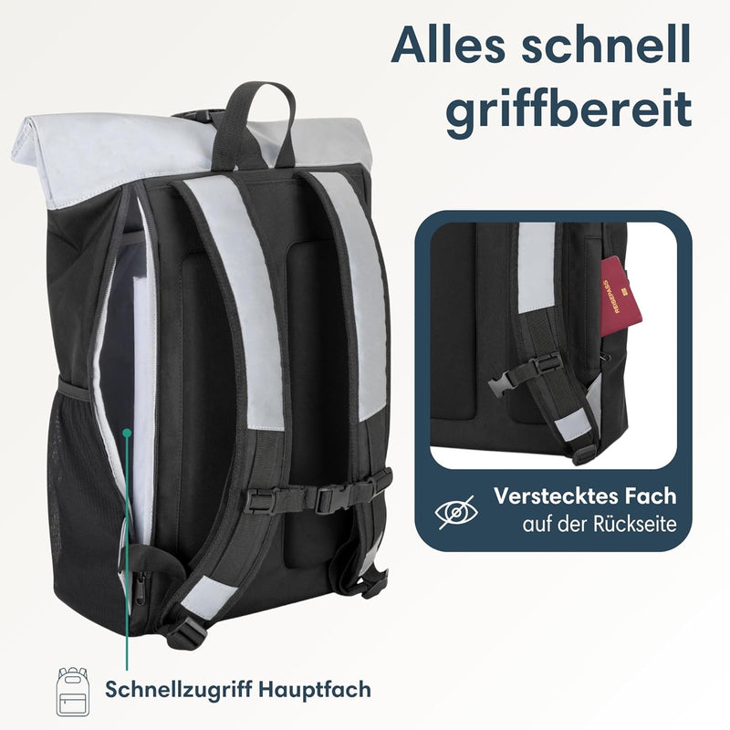 LARKSON Rolltop Rucksack Damen Gross Schwarz Reflektierend - No 2 - Daypack für Schule, Uni, Fahrrad