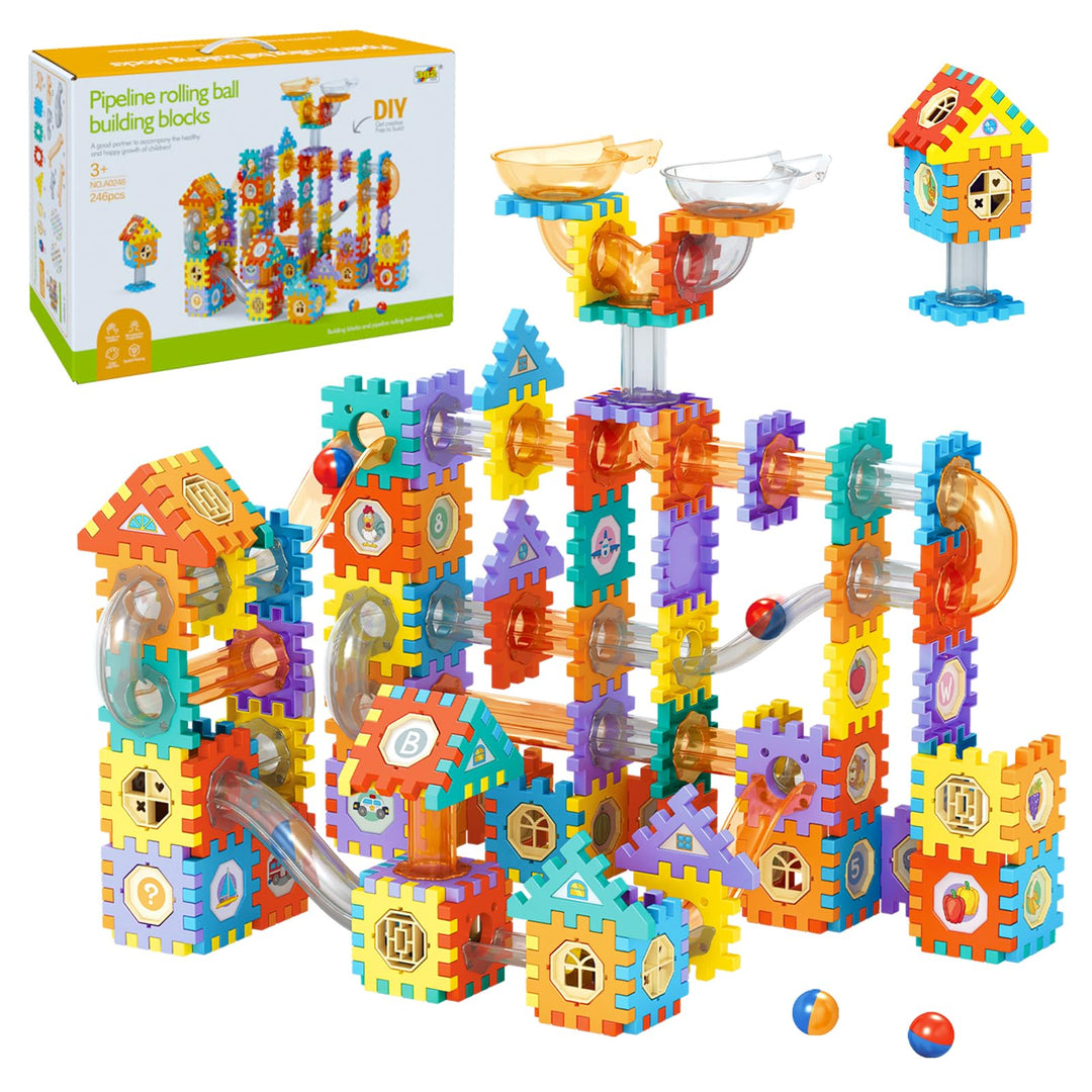 MOMSIV Murmelbahn 246pcs, Murmelbahn-Spielzeug für Kinder mit Plastikmurmeln und Aufbewahrungstasche