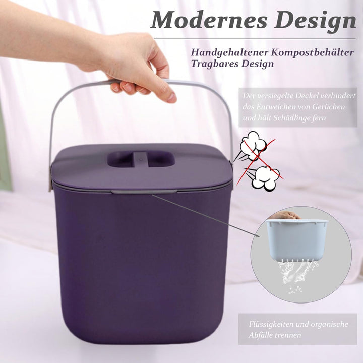 Biomülleimer Küche, 4L Komposteimer Küche, Kleiner Mülleimer mit Deckel, Biomüll Behälter mit Sieb,