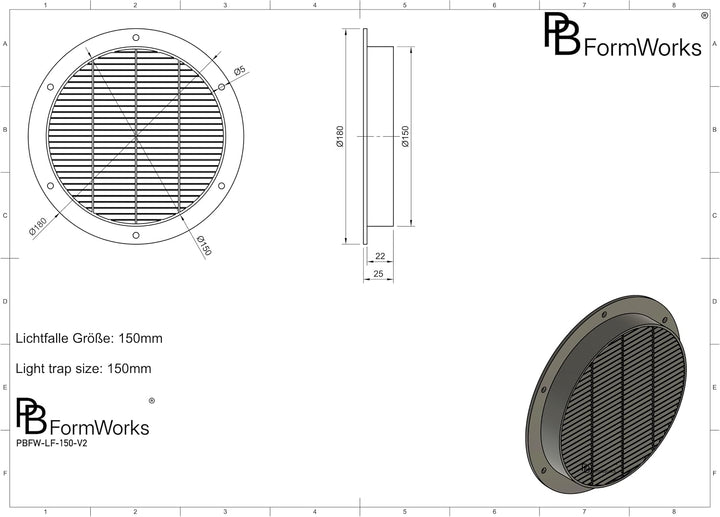 Lichtfalle 150mm Gen 2 lichtdichtes Zuluftgitter für Growbox & Growzelt | Für 150mm Systeme · Schwar