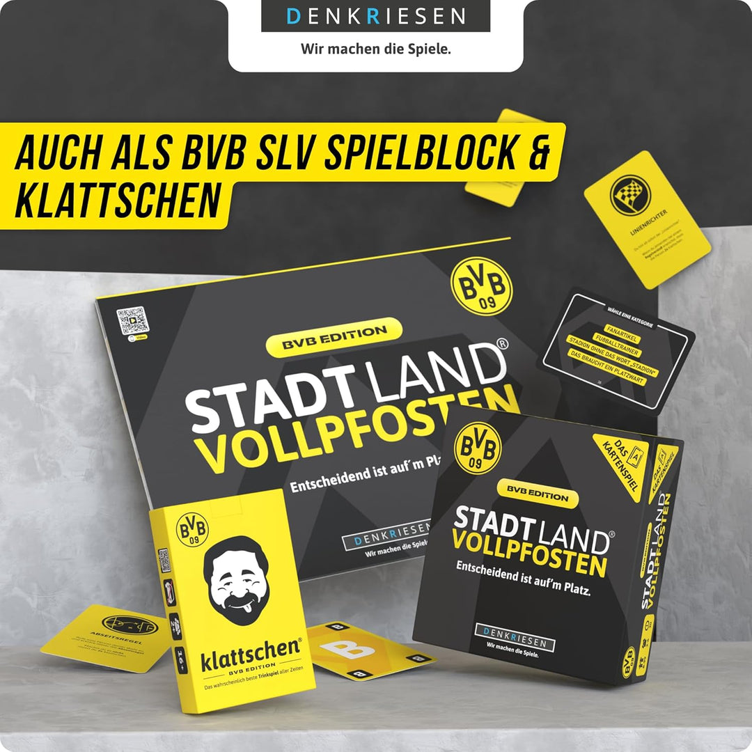 DENKRIESEN - Stadt Land VOLLPFOSTEN® Das Kartenspiel – BVB Edition | Ab 8 Jahren | 3-6 Spieler | BVB