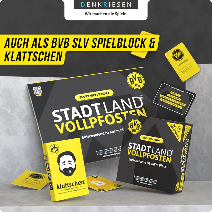 DENKRIESEN - Stadt Land VOLLPFOSTEN® Das Kartenspiel – BVB Edition | Ab 8 Jahren | 3-6 Spieler | BVB