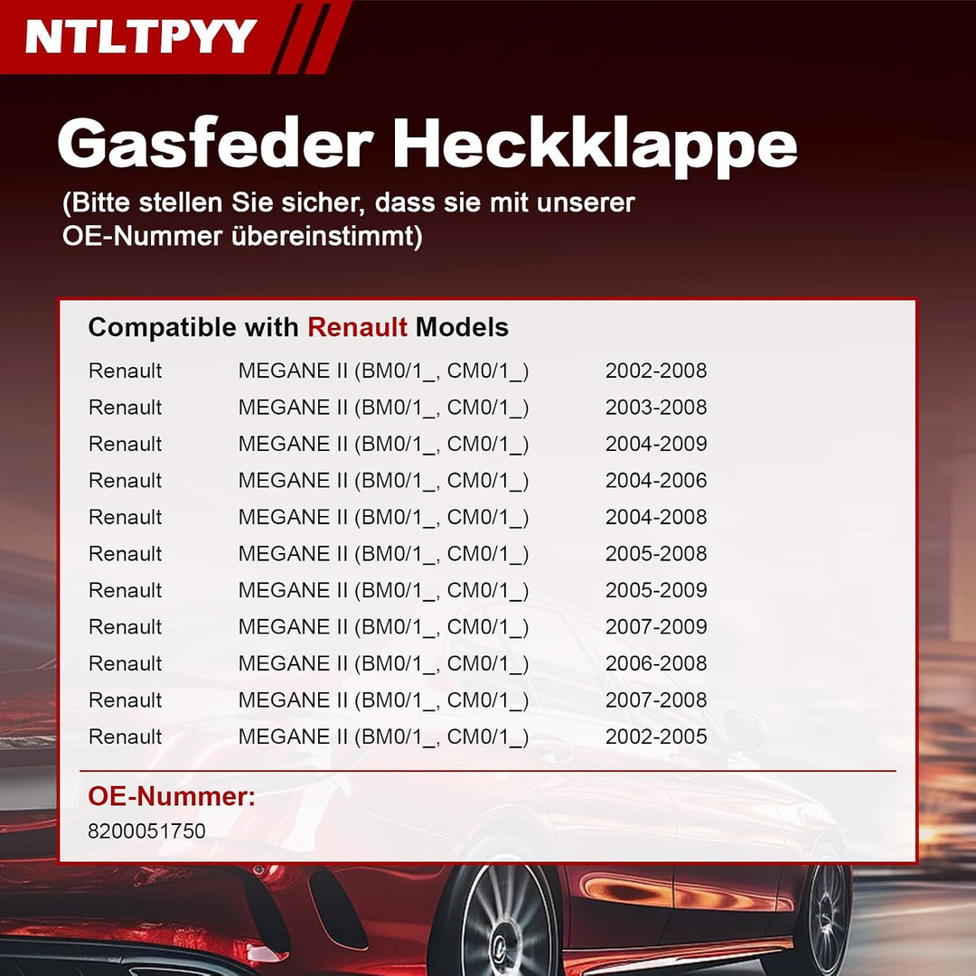 2pcs Gasdruckfeder kompatibel mit Renault Megane II 2002-2008, Exakte 500N Heckklappendämpfer für sa