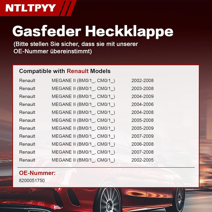2pcs Gasdruckfeder kompatibel mit Renault Megane II 2002-2008, Exakte 500N Heckklappendämpfer für sa