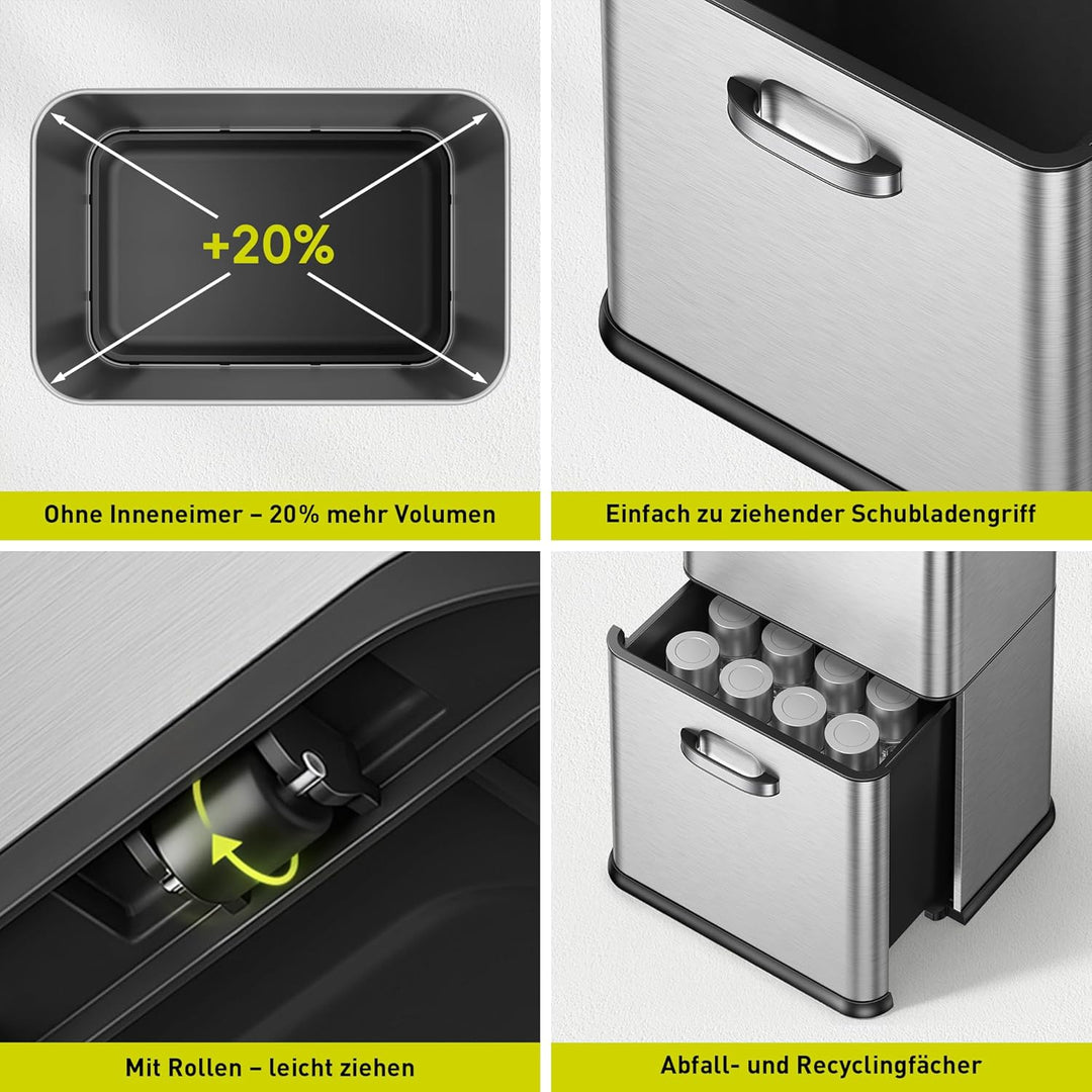EKO Vintage 50L Mülleimer Sensor, Mülleimer 2 Fächer 32L + 18L, Mattes Edelstahl Küchenabfalleimer,