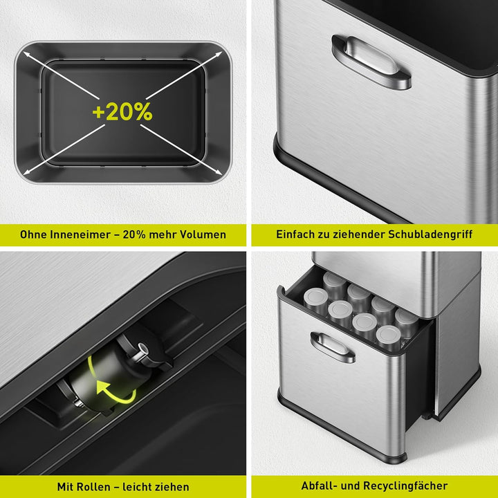 EKO Vintage 50L Mülleimer Sensor, Mülleimer 2 Fächer 32L + 18L, Mattes Edelstahl Küchenabfalleimer,