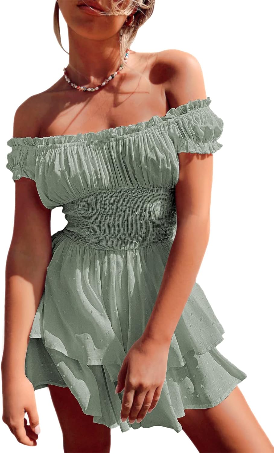 Viottiset Damen Rüschen Shorts Strampler Schulterfrei Swiss Dot Sommer Overalls S Grün, S Grün
