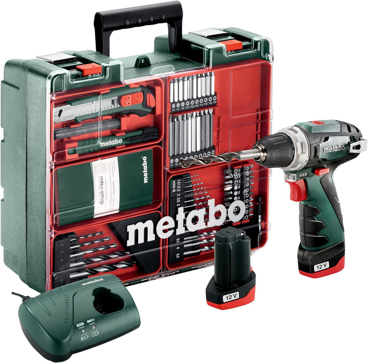 Metabo Akku-Bohrschrauber PowerMaxx BS Basic Set – 600080880 – 12 V – Mobile Werkstatt mit kompaktem