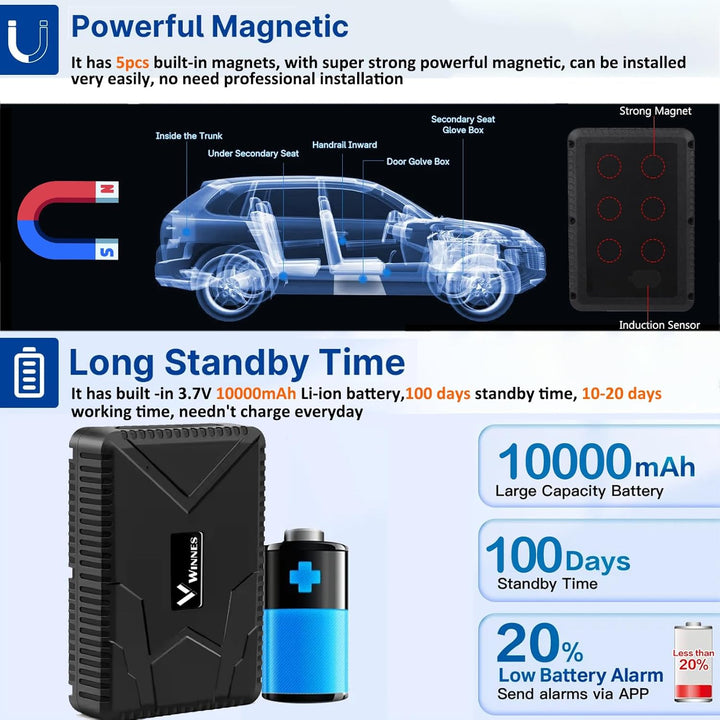 Winnes GPS Tracker 4G 120 Tage Lange Standby-Zeit GPS Tracker Auto Ohne ABO mit kostenlose Apps Star