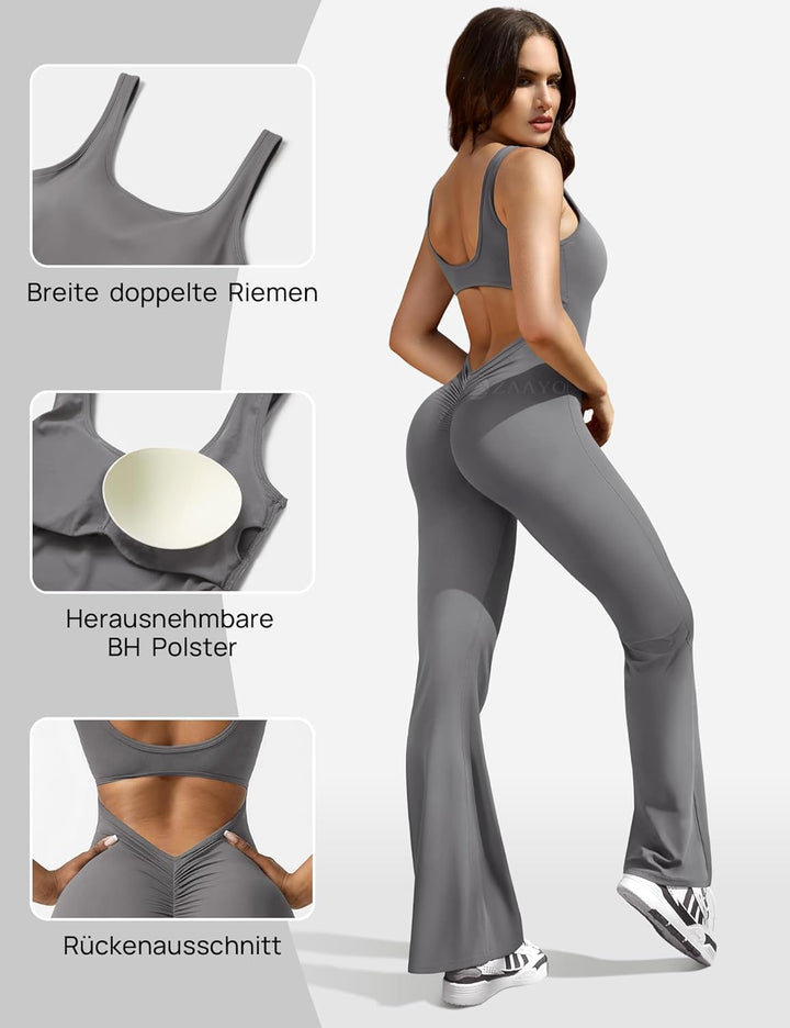 ZAAYO Damen Flared Jumpsuit Tight Scrunch Butt Overalls Lang Ärmelloser Sport rückenfrei Jumpsuit Yo