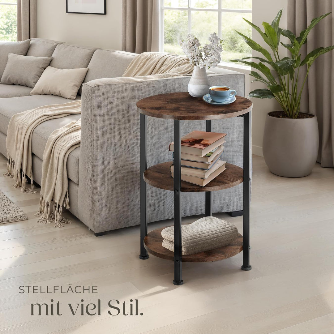 tectake Beistelltisch rund aus Holz und Metall, Industrie-Design, Couchtisch mit 3 Ebenen, für Wohnz