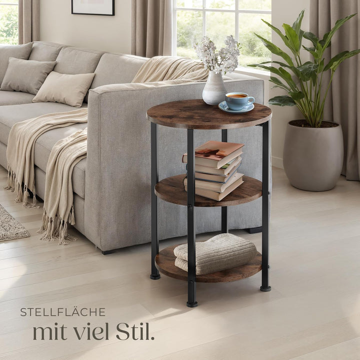 tectake Beistelltisch rund aus Holz und Metall, Industrie-Design, Couchtisch mit 3 Ebenen, für Wohnz