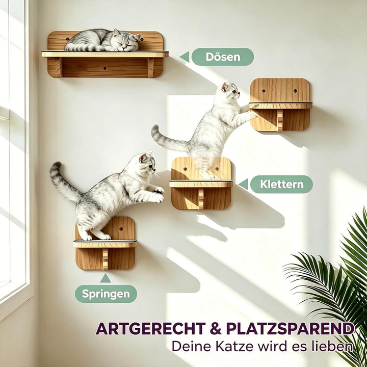 Katzentreppe Wand Holz 4er-Set Kletterwand frei Kombinierbar | Katzen Wandelemente inkl. 1 Plattform