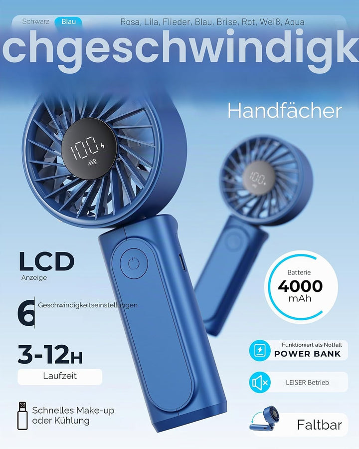 Peiyuu Handventilator, Tragbarer Mini Ventilator mit 4000 mAh, LED-Display Handventilator mit 6 Gesc
