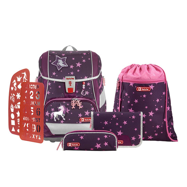 Step by Step Schulranzen-Set 2IN1 Plus „Unicorn Nuala“ 6-teilig, Beere, Einhorn-Design, ergonomische