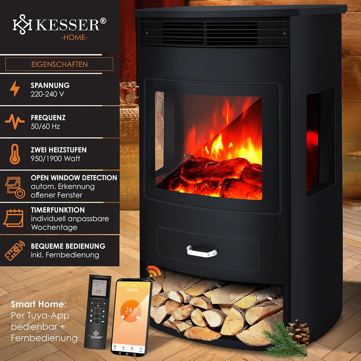 KESSER® Prio Elektrokamin mit Heizung Heizlüfter Fernbedienung WiFi App 950/1900 W Kamin elektrisch