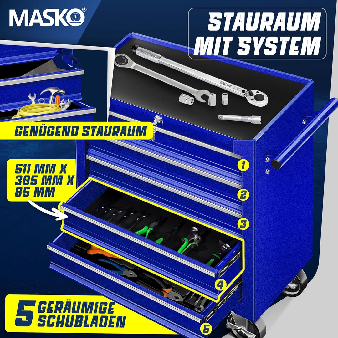 Masko® Werkstattwagen - 5 Schubladen, Abschliessbar | Massives Metall | Mobiler Werkzeug-Wagen ohne