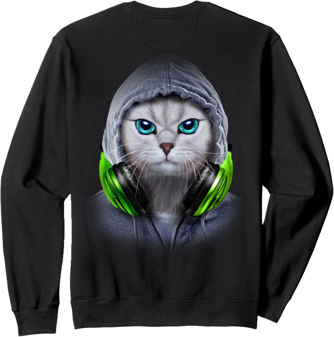 Weisse Katze in einem grauen Kapuzenpulli und Kopfhörern Sweatshirt
