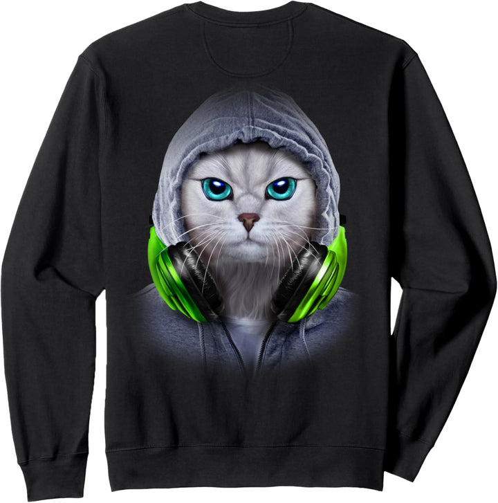 Weisse Katze in einem grauen Kapuzenpulli und Kopfhörern Sweatshirt