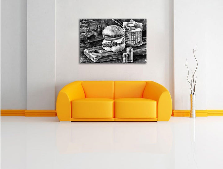 Pixxprint Cheesburger mit Pommes/Format: 100x70cm / Leinwandbild fertig bespannt Wandbild Kunstdruck