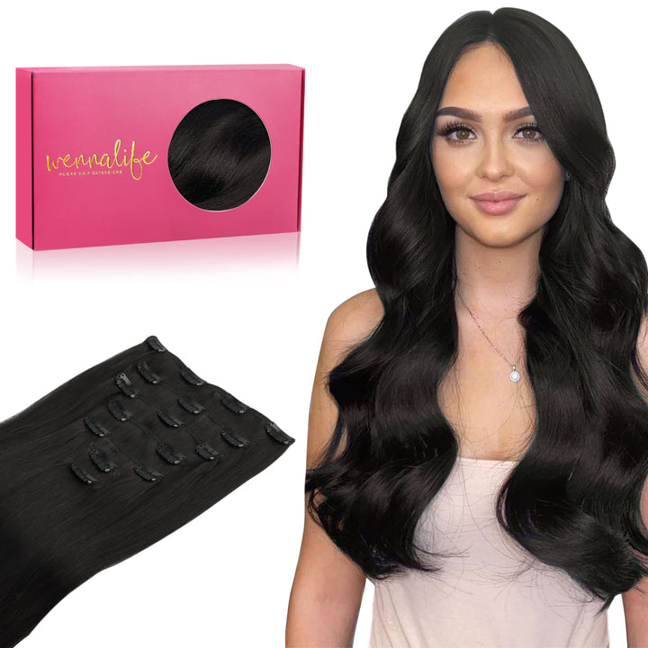 WENNALIFE Clip in Extensions Echthaar, 45cm 18 Zoll 120g 7pcs Natürliches Schwarz Hair Extensions Cl