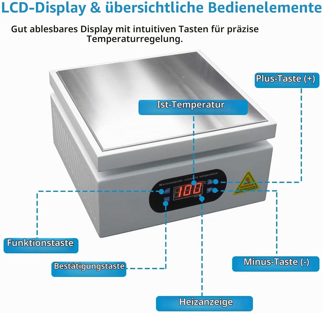800W Lötstation Heizplatte 200x200mm, Digitale LCD Vorheizstation 0–400℃ einstellbar, Elektrische He