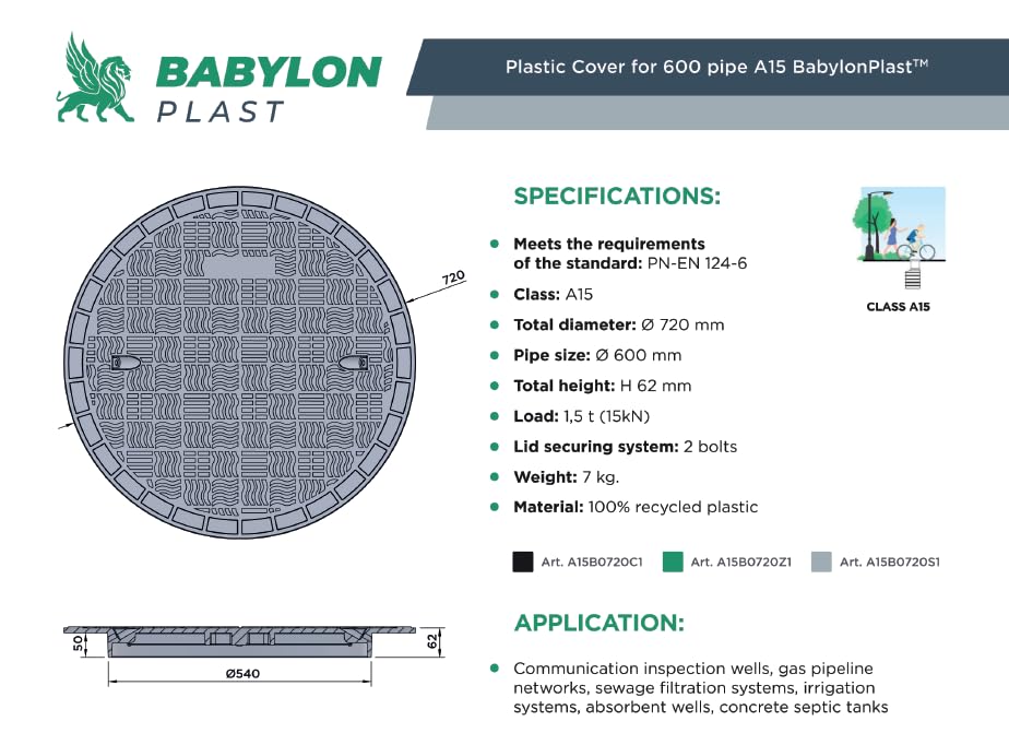 BABYLONPLAST Schachtabdeckung Kunststoff Rund Ø DN600, Abflusssteigrohr Rohr Deckel Zisternendeckel