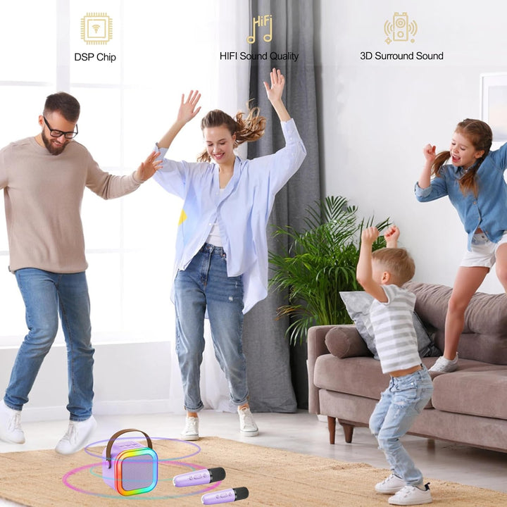 Karaoke Maschine Kinder, tragbarer Bluetooth-Lautsprecher mit LED und 2 drahtlosen Mikrofonen, kompa