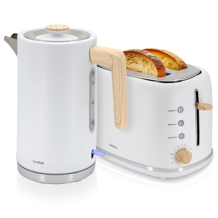 briebe Nordic Set Toaster 2 Scheiben Breite Schlitze mit Brötchenaufsatz, 6 Toast Stufen + Wasserkoc