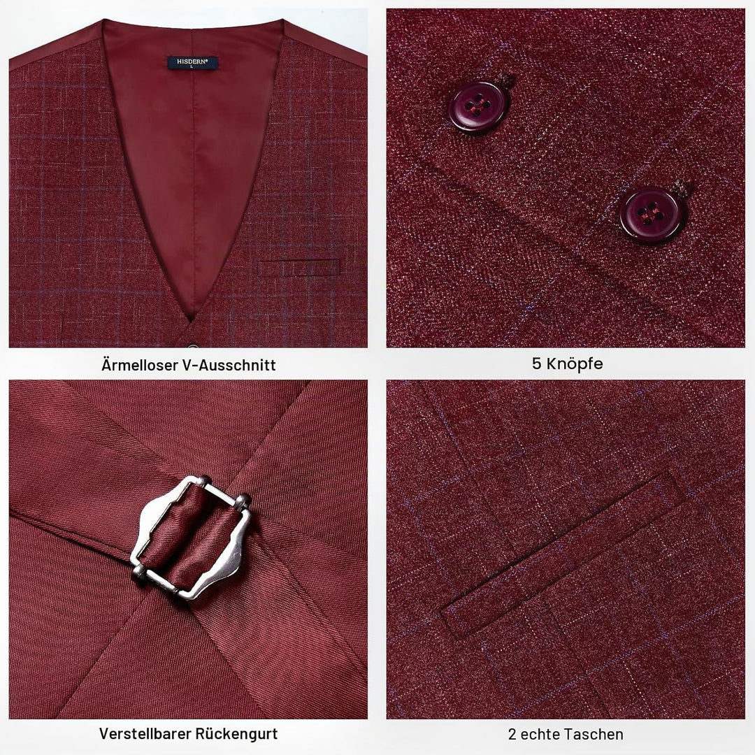 HISDERN Manner Formale Hochzeitsfeier Weste Baumwolle Plaid Kleid Anzug Weste für Herren Burgund 2 S