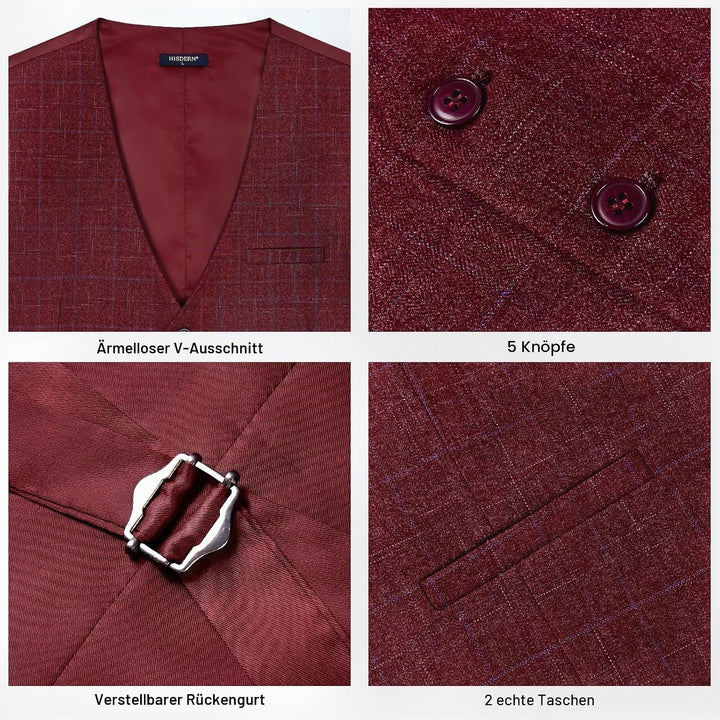 HISDERN Manner Formale Hochzeitsfeier Weste Baumwolle Plaid Kleid Anzug Weste für Herren Burgund 2 S