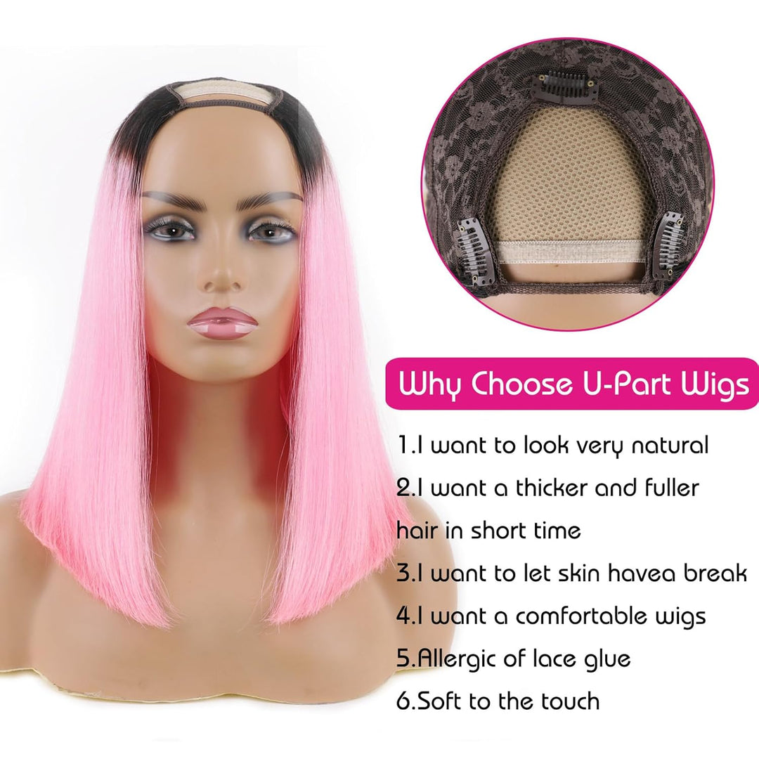 Huarisi 1b and Pink Short Bob Wigs Human Hair U Part None Lace 12 inch 10a Straight Remy Bob Ombre P