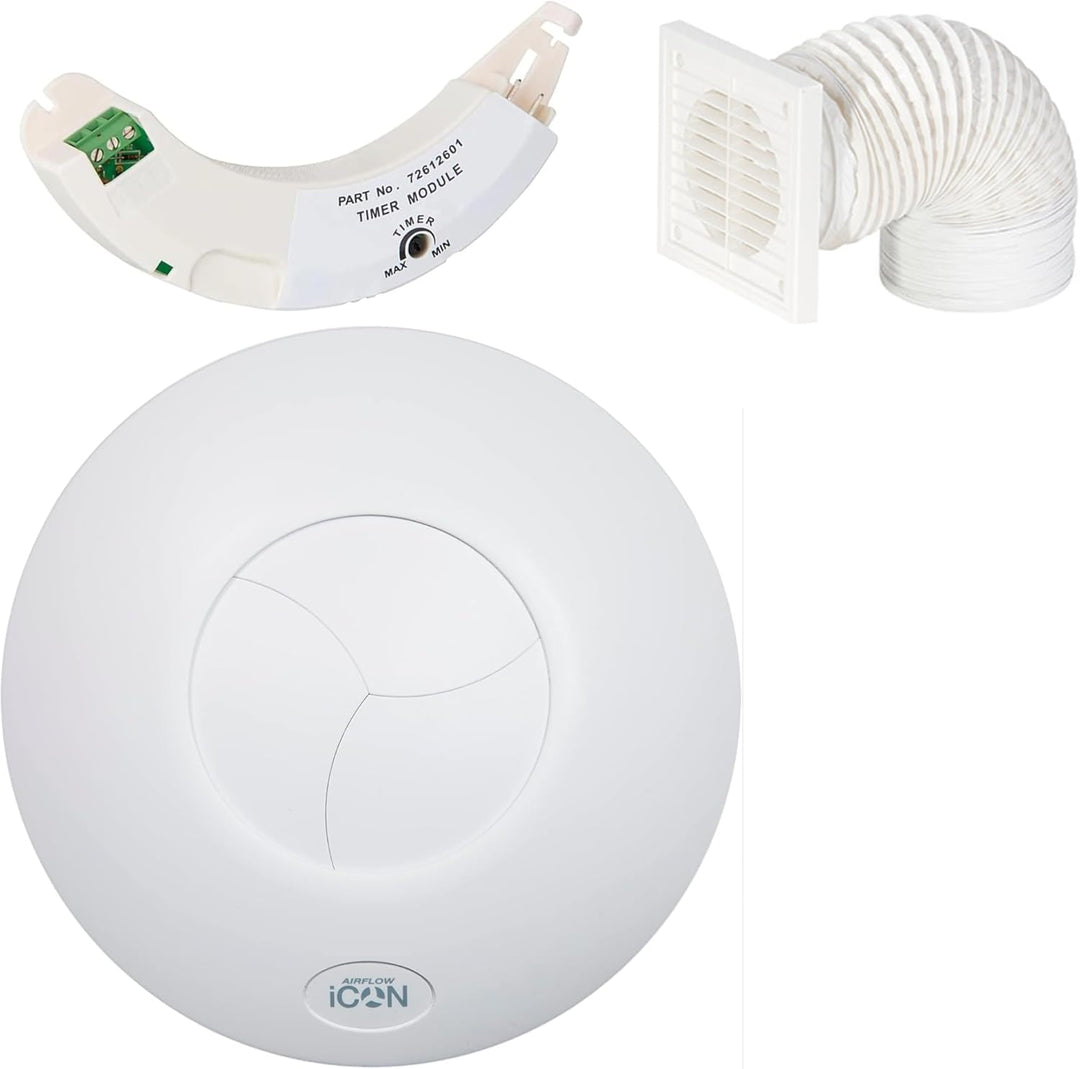 Airflow iCON 15 Timer-Abluftventilator-Set – 100 mm/4 Zoll – Mit Timer-Modul, weissem Lüftungsgitter