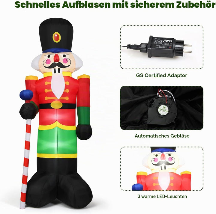 LIFEZEAL Aufblasbare Nussknacker Soldat für Weihnachten, 240cm Weihnachtsdeko mit LED-Beleuchtung, A