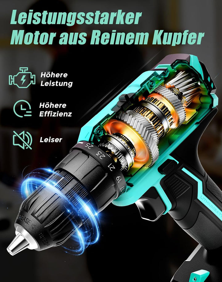 Akkuschrauber, 20V Akku Bohrschrauber, 25+1 Drehmomentstufen Akkubohrer, 42Nm Max Drehmoment, LED-Li