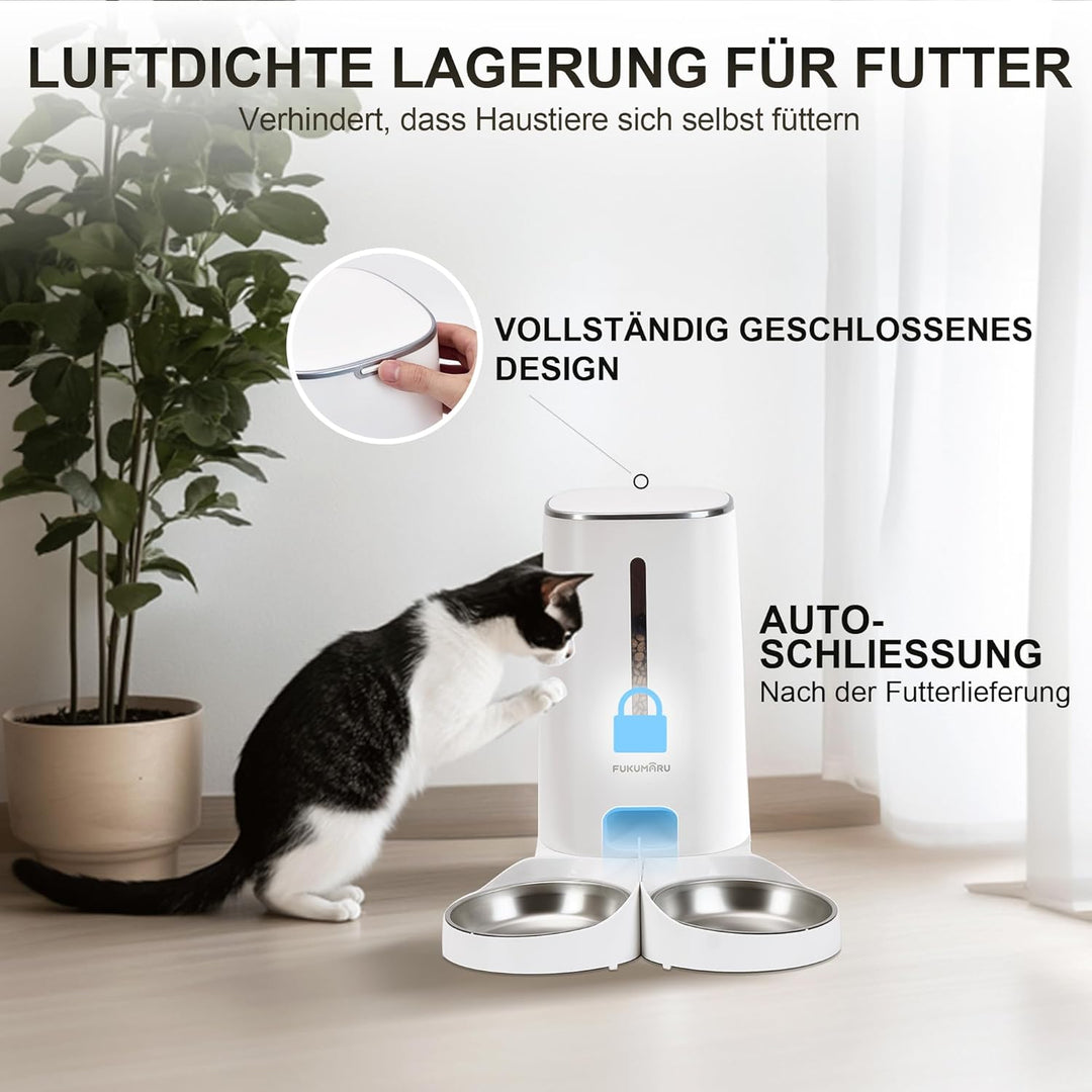 FUKUMARU Futterautomat Katze, 4L Katzenfutter Automat WiFi mit Doppelnäpfen, Automatischer Futterspe