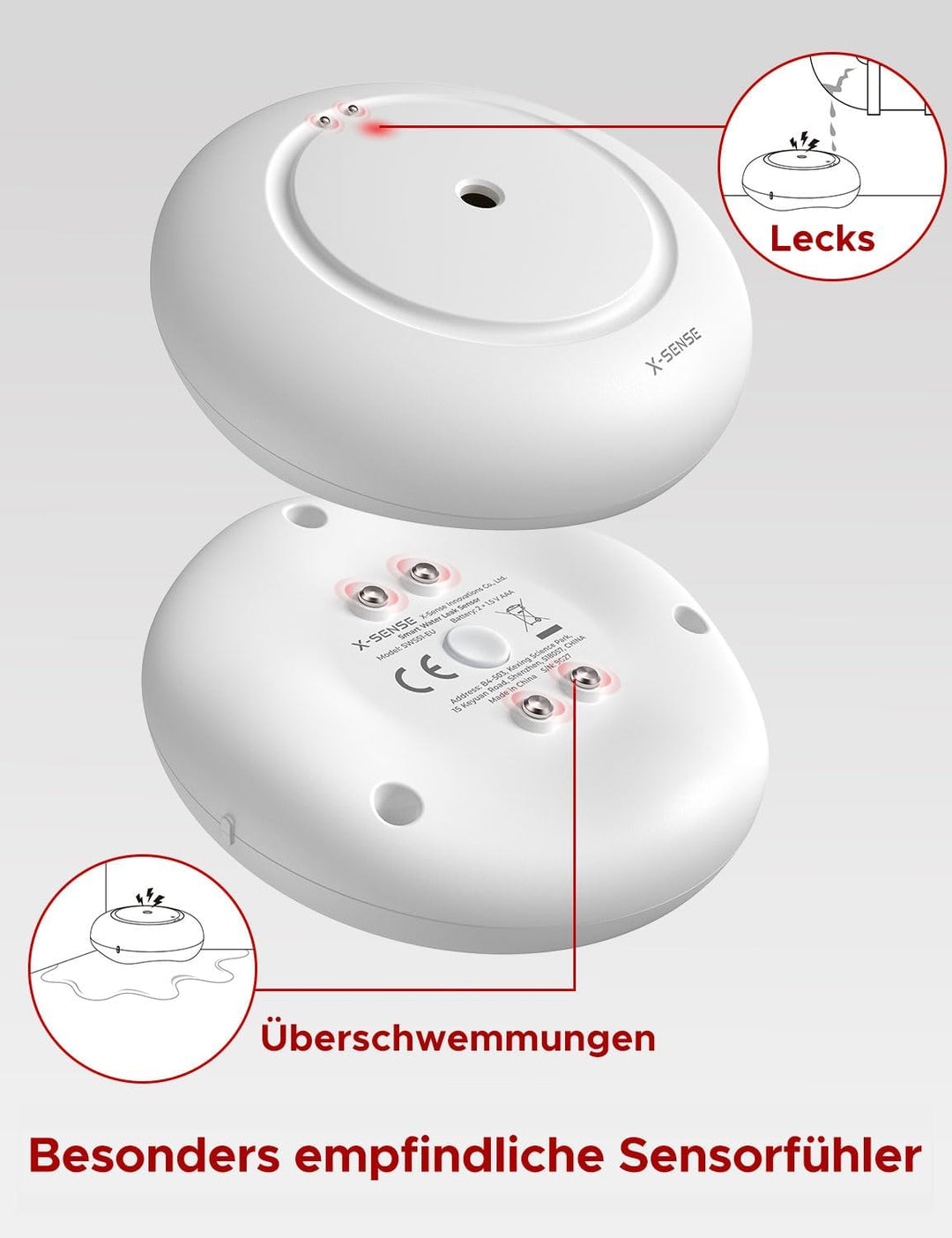 X-Sense Standalone Wassermelder mit Batterie, Wassersensor IP66, Mini-Wasserdetektor mit 110 dB Audi
