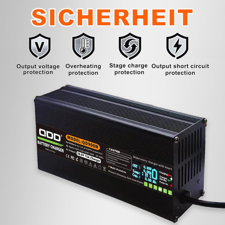 QDD 58,8 V 15 A Li-Ionen-Akkuladegerät mit OLED-Display, DC XT60-Stecker, verwendet für 14S 52 V Lit