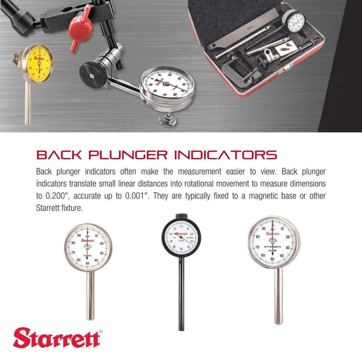 Starrett 196A1Z Universal-Messuhr, hinterer Kolben, weisses Zifferblatt, 0-100 Ablesung, 0-0,2" Bere