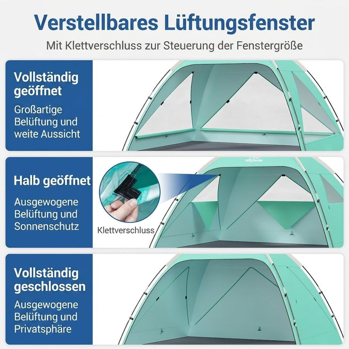Wolfwise Strandmuschel UV Schutz, 3 Belüftungsfenster &amp; Tragetasche, Strand Zelt mit erweiterbarem B