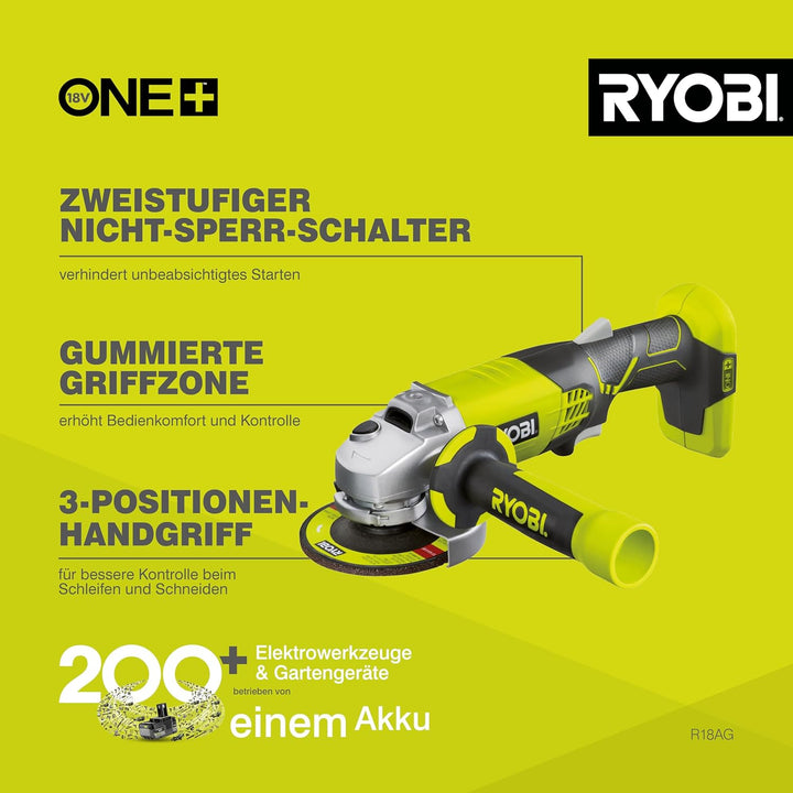 RYOBI 18 V ONE+ Akku-Winkelschleifer R18AG-0 (Bohrungsdurchmesser 22mm, Scheibendurchmesser 115 mm,