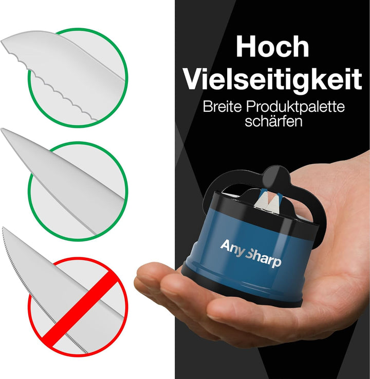 AnySharp Messerschärfer, Freihändige Sicherheit, PowerGrip Saugnapf, Sicheres Schärfen aller Küchenm