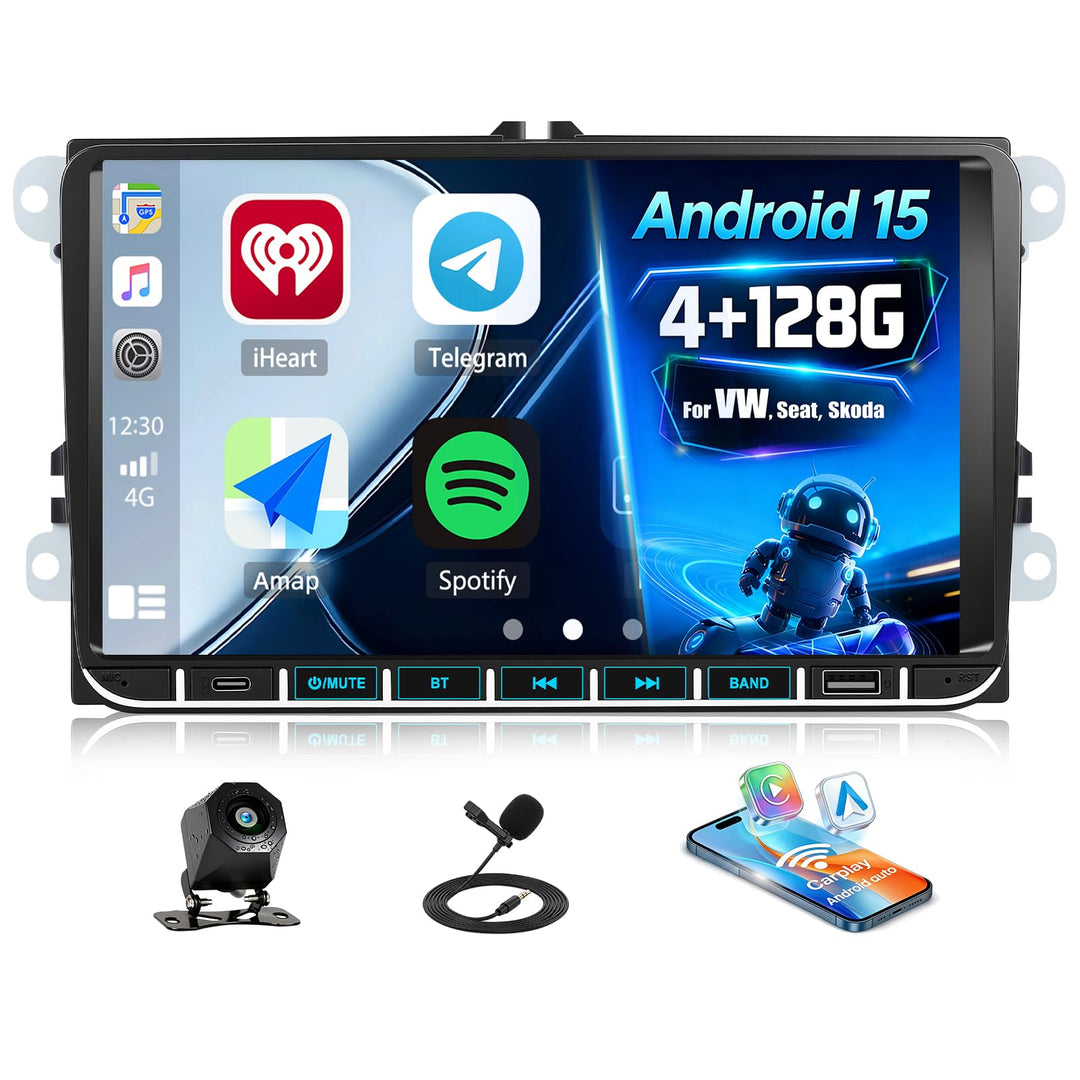 CAMECHO 4+128G Android 15 Autoradio 9 Zoll für VW Golf 5 6 Polo Passat Seat Touran Skoda Tiguan mit