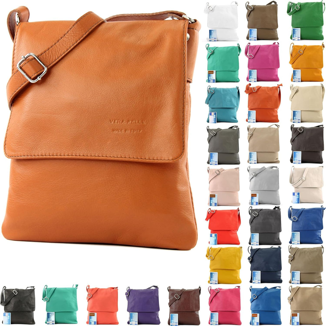 modamoda de - T33 - ital Umhängetasche Schultertasche aus Nappaleder Cognac, Cognac