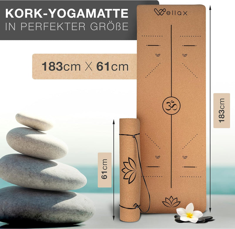 Wellax Yogamatte Kork - 100% natürliche Yogamatte rutschfest [183x66x0,6 cm] - Besonders dick & scha