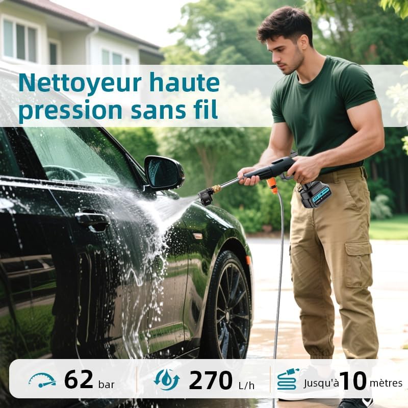 Akku‑Hochdruckreiniger 100 bar – Mobiler Druckreiniger mit 21V Akku, 6‑in‑1 Multifunktionsdüse, 2 x